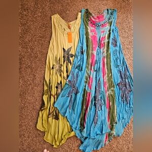 Set Of 2 NWT Lime Green And Blue Island Style Free Size Dresses Vacation